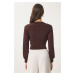 Happiness İstanbul Women's Brown Deep V Neck Crop Sandy Knitted