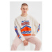 Trendyol Ecru Oversize/Wide Cut Long Sleeve Printed Sweatshirt