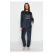 Trendyol Navy Blue Slogan Embroidered Wellsoft Winter Knitted Pajamas Set