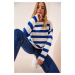 Happiness İstanbul Women's Ecru Blue Striped Knitwear Sweater