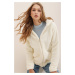 Trend Alaçatı Stili Women's Ecru Hooded Zipper Front Double Pocket Oversized Plush Sweatshirt