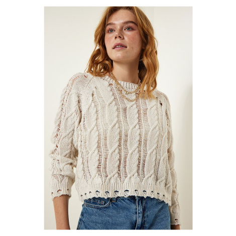 Happiness İstanbul Women's Cream Openwork Seasonal Knitwear Sweater