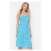 Trendyol Blue A-Line Midi Patterned Dress with Window/Cut-Out Detail