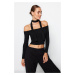 Trendyol Black Ribbed Carmen Collar Shawl Detail Fitted/Situated Crop Stretch Knitted Blouse