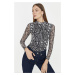 Trendyol Black Printed Crewneck Fitted/Slip-On, Flexible Tulle Knitted Blouse