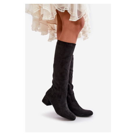 Eco Suede Women's Knee Boots Front Knee With Zip Black Elitar