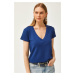 Olalook Women's Navy Blue Deep V-Neck Modal Button T-Shirt