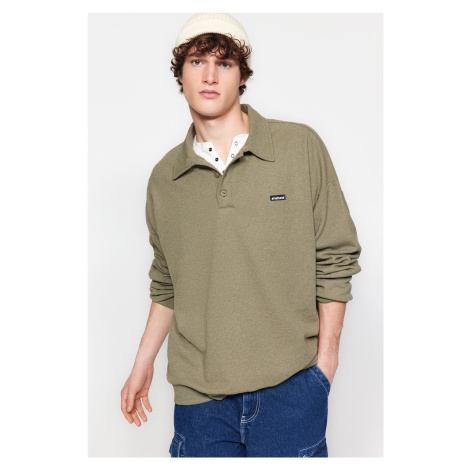 Trendyol Light Khaki Men's Oversize/Wide Cut Labeled Textured Cotton Polo Neck Sweatshirt