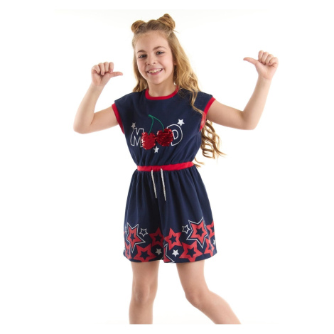 Flitrované dievčenské šaty z čerešňovej bavlny v tmavomodrej farbe