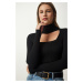 Happiness İstanbul Women's Black Cut Out Detailed High Neck Ribbed Knitwear Sweater