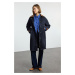 Trendyol Navy Blue Oversize Trench Coat with Leather Detail on the Collar