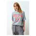 Trendyol Gray Melange City Printed Oversize/Wide Cut Crew Neck Knitted T-Shirt