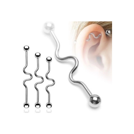 Oceľový piercing do ucha - vlnky, činka, guličky - Rozmer: 1,6 mm x 38 mm x 5 mm