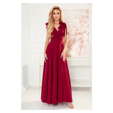 ELENA - Dlhé dámske šaty vo vínovej bordovej farbe s výstrihom a zaväzovaním na ramenách 405-1 NUMOCO