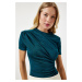 Happiness İstanbul Women's Emerald Green Gathered Detailed Viscose Blouse