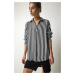 Happiness İstanbul Women's Black Ecru Striped Viscose Shirt