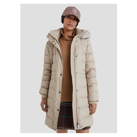 Tommy Hilfiger Beige Women's Quilted Winter Coat with Hood and Artificial Fur Tom - Women