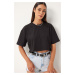 Happiness İstanbul Women's Black 100% Cotton Oversize Crop Knitted T-Shirt