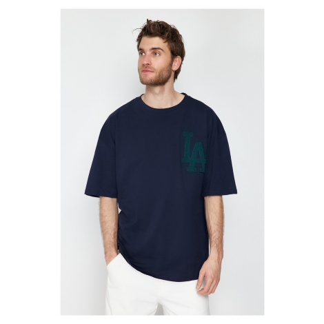 Trendyol Navy Blue Oversize Suzene City Embroidered 100% Cotton T-Shirt