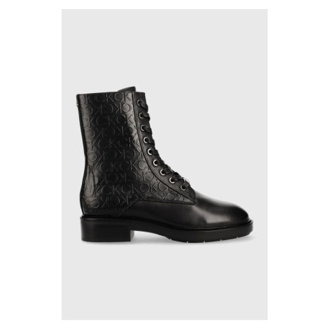 Členkové topánky Calvin Klein Rubber Sole Combat Boot dámske, čierna farba, na plochom podpätku,
