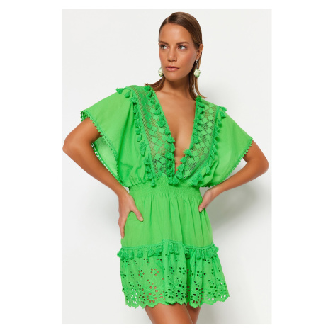 Trendyol Green Mini tkaná výšivka 100% bavlnené plážové šaty
