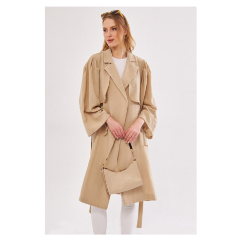 armonika Women's Beige Ennea Trench Coat Sleeves Pleated Belted Cuff Laced Detail