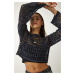 Happiness İstanbul Women's Navy Blue Openwork Sparkly Crop Knitwear Sweater