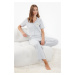 Trendyol Gray Melange Teddy Bear Embroidered Ribbed Knitted Pajama Set