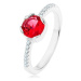 Strieborný 925 prsteň, okrúhly červený zirkón, úzke ramená, číre zirkóny - Veľkosť: 59 mm