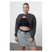 Trendyol Curve Anthracite Asymmetric Super Crop Crew Neck Thin Knitted Sweatshirt