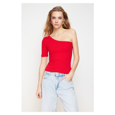 Trendyol Vibrant Red Single Sleeve Fitted/Fitted Cotton Stretch Knitted Blouse