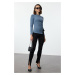 Trendyol Indigo Single Slit Detailed Cotton Gathered Crew Neck Knitted Blouse