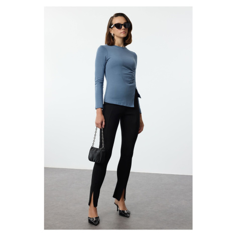 Trendyol Indigo Single Slit Detailed Cotton Gathered Crew Neck Knitted Blouse