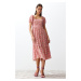 Trendyol Pink Floral Waist Opening Viscose Gimped Midi Woven Dress