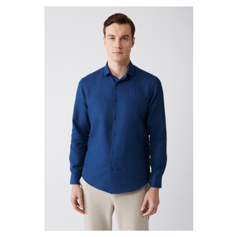Avva Men's Blue Easy-to-Iron Classic Collar Embossed Cotton Slim Fit Slim Fit Shirt