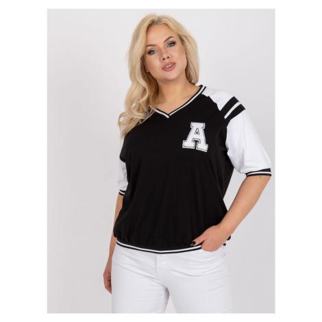 Black and white casual blouse of larger size with V-neck