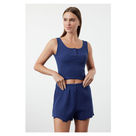 Trendyol Indigo Button Detailed Corded Cotton Undershirt-Shorts Knitted Pajama Set