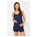 Trendyol Navy Blue Lace and Ribbon/Bow Detailed Rope Strap Ribbed Knitted Pajama Set