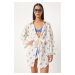 Happiness İstanbul Women's Ecru Blue Tied Linen Kimono