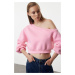 Trendyol Pink Regular Fit Thick Inside Fleece Crop Asymmetrical Collar Knitted Sweatshirt