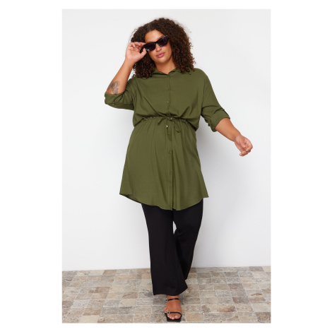 Trendyol Curve Khaki Plus Size Skladacia Tkaná Košeľa s Nariaseným Pásom