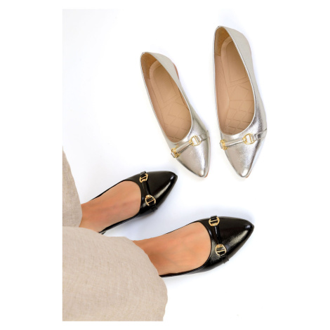 Soho Black Patent Leather-Gold Women's Ballerinas 19490