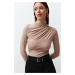 Trendyol Stone Gathered Square Neck Fitted Elastic Knitted Blouse