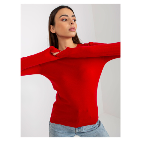 Red women's classic sweater with a round neckline