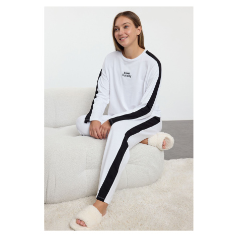 Trendyol White Cotton Slogan Striped Knitted Pajamas Set