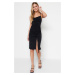Trendyol Black Shirred Detail, Fitted Midi Dress With a Plunging Collar, Flexible Knitted