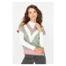 Trendyol Mint Color Block Pletený sveter s výstrihom do V