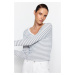 Trendyol Gray Striped Ribbed V-Neck Fitted/Situated Long Sleeve Crop Stretch Knitted Blouse