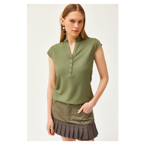 Olalook Women's Khaki V-Neck 4-Button Viscose Blouse