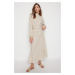 Trendyol Beige Fabric Covered See-through Woven Dress with Belt
